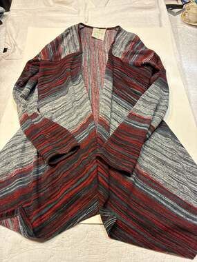 Threads Cardigan Size M Red Gray Black Striped Open Front Sweater